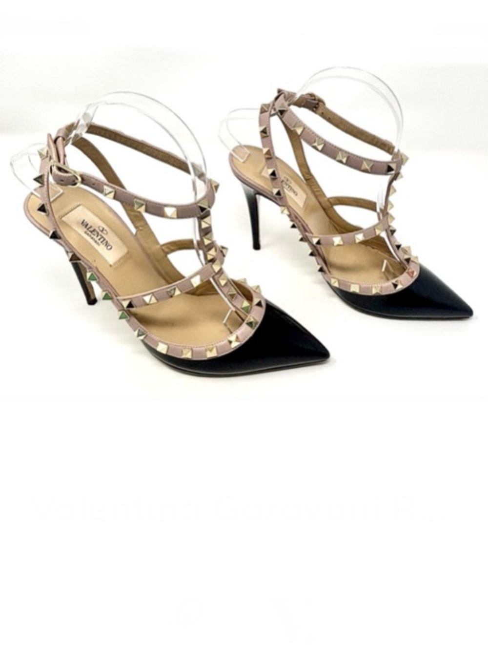 Valentino Garavani Rockstud Caged Black Poudre Beige Patent Pump Heels 39